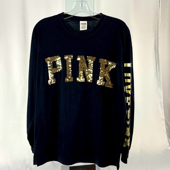 PINK Victoria's Secret Tops - PINK Victoria's Secret VS Bling Sequin Off Black/Dark Gray LS T-Shirt Size S
